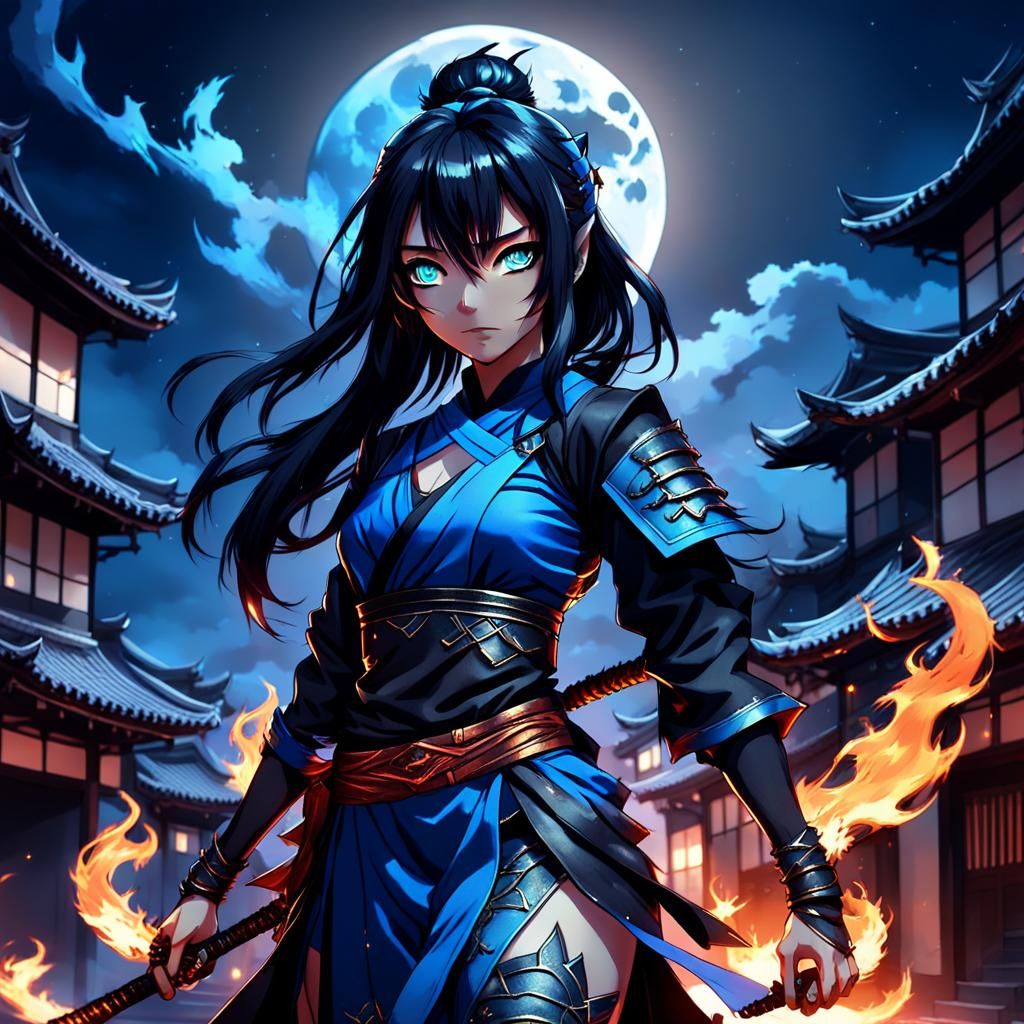 Demon Ninja Girl in Moonlit Town: Anime Art
