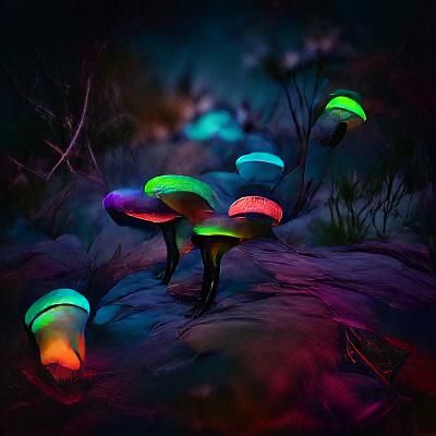 Bioluminescence multi color mushrooms in a dark forest with uranium glass clouds in the night sky 8k resolution VRay tre...
