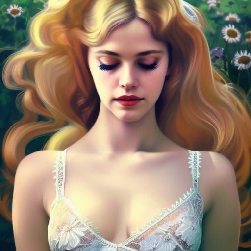 1960s Portrait with Daisies in Art Nouveau Style