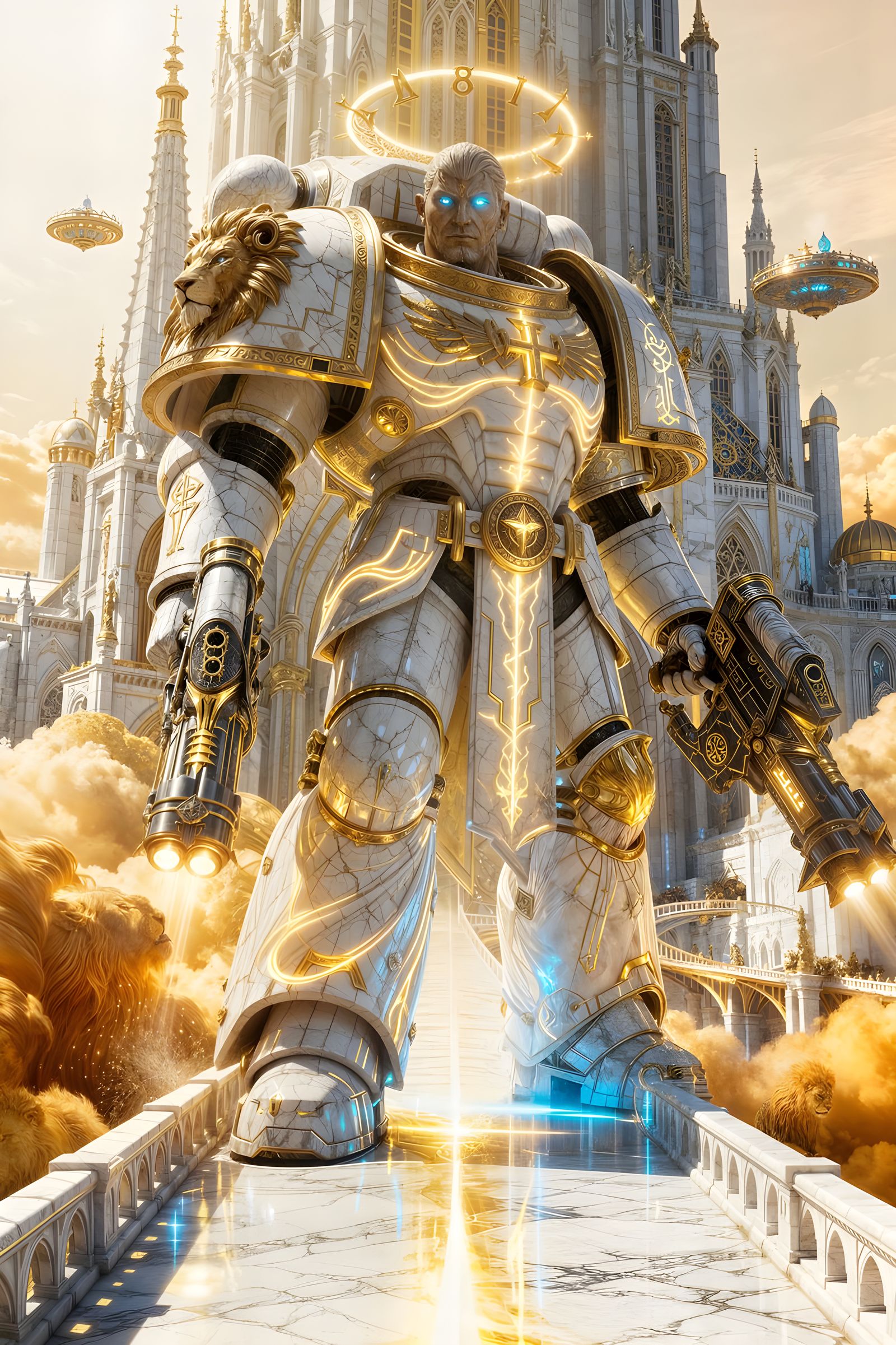 Golden Primarch on Bridge Above Clouds