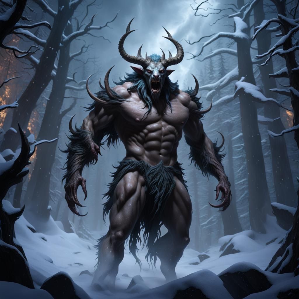 Eldritch Wendigo Horror in Snowy Landscape