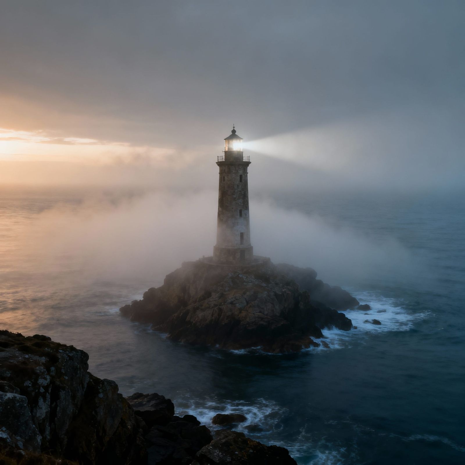 Ancient Lighthouse in Ethereal Fog