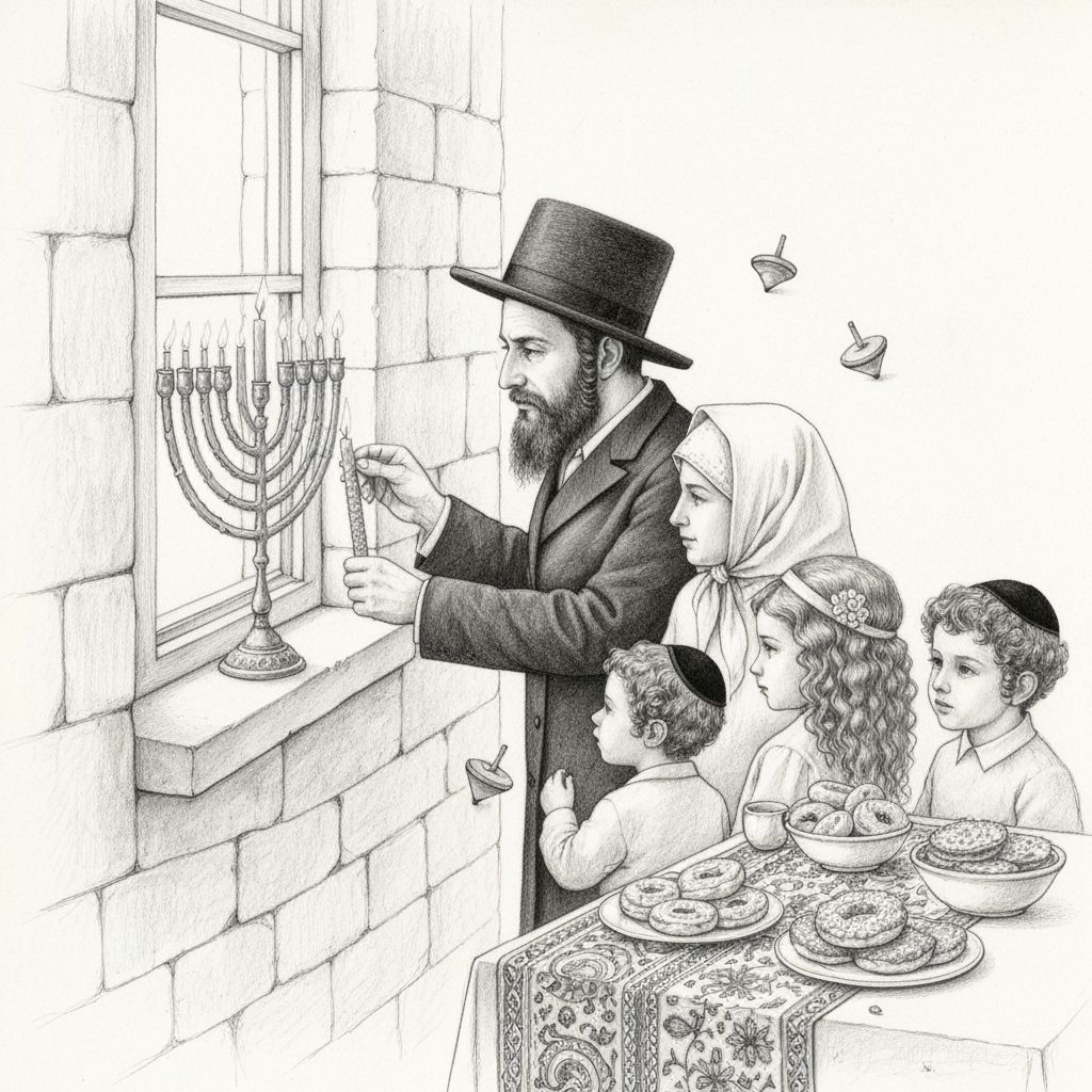 Chasidic Father Lights Chanukah Candles in Pencil Art