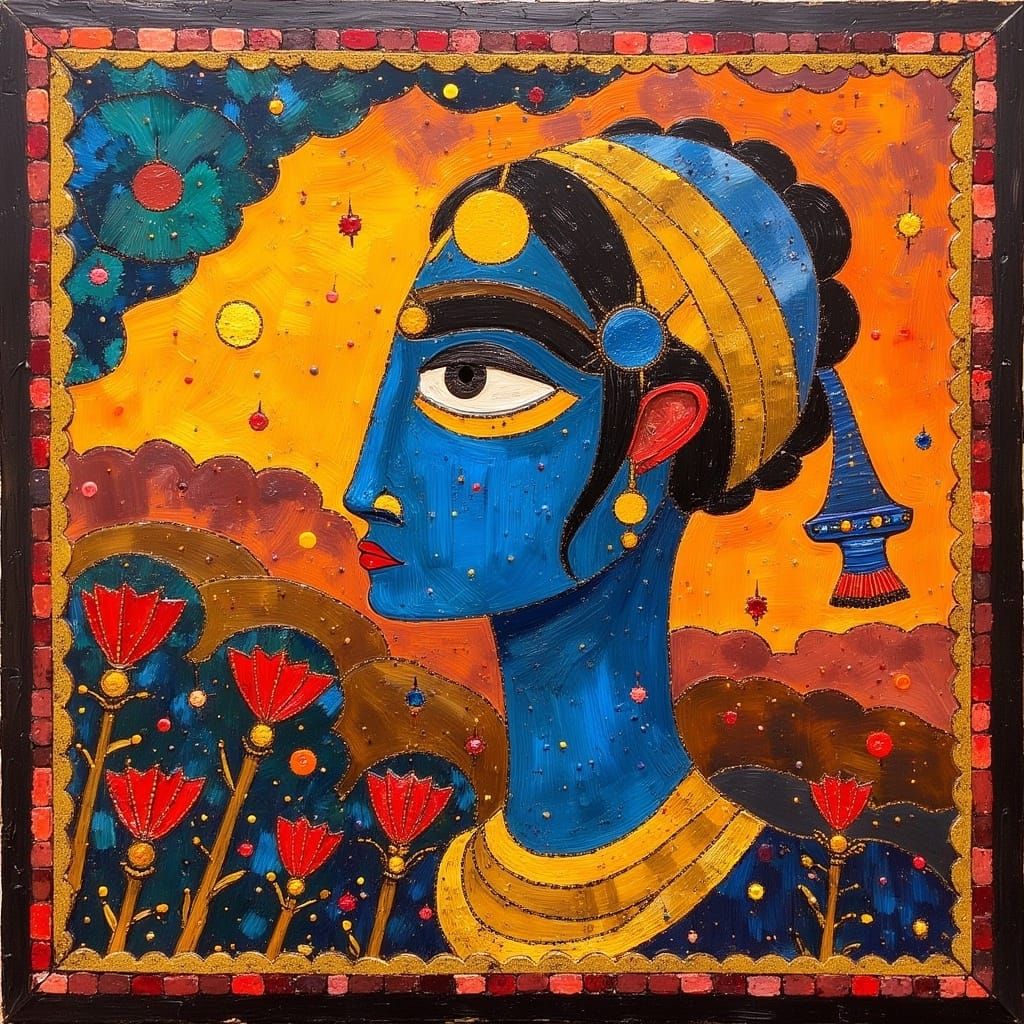 Vibrant Indian Kalighat Painting in Contemporary Style