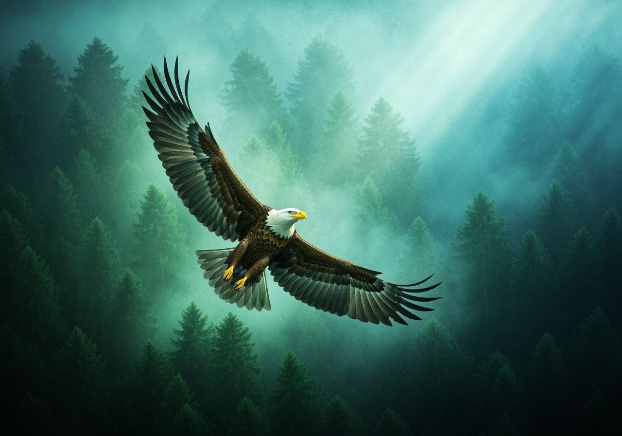 Majestic Eagle Soaring Through Foggy Forest in Surreal Style