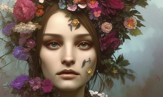 Detailed Skull with Flowers, Hyperdetailed Portrait