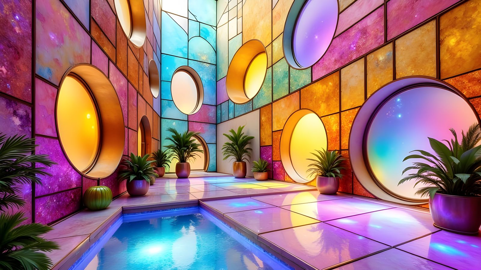 Rainbow Glass Courtyard with Iridescent Constellations
