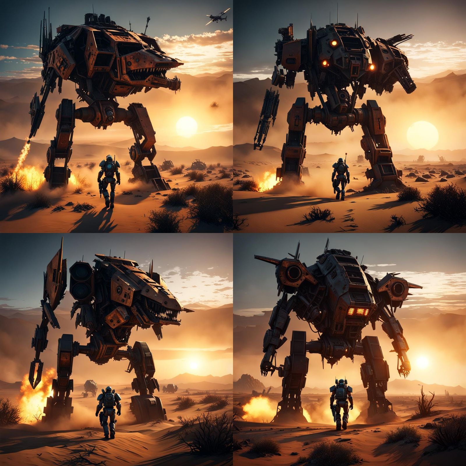 Wasteland Mech Walks at Sunset: 3D Game Cinematic