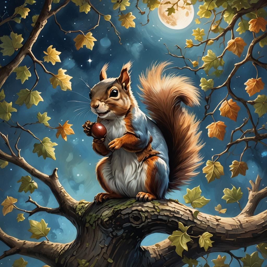 Squirrel Moon Gaze: Whimsical Oil Painting