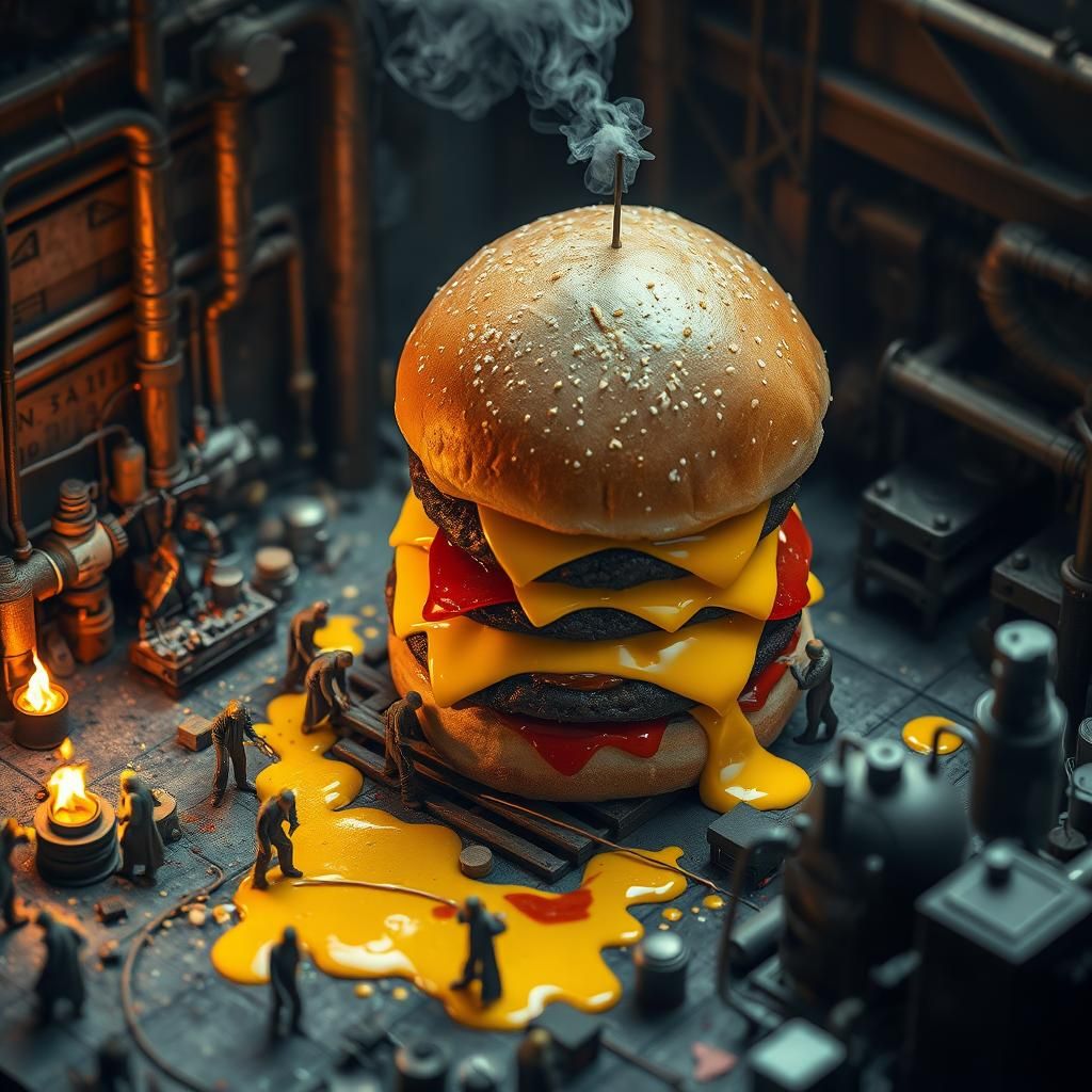 Giant Burger Factory: Miniature Workers in Action