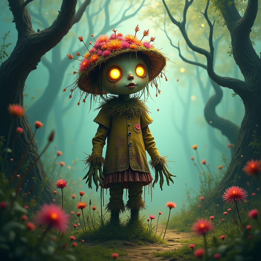 Enchanted Forest Scarecrow with Glowing Eyes