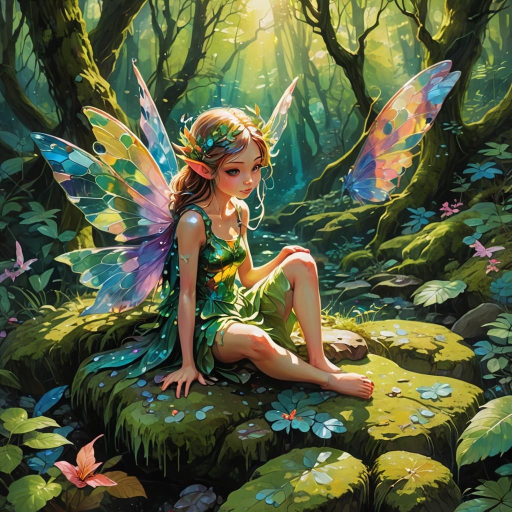 Serene Fairy in Lush Forest: Digital Splash Art