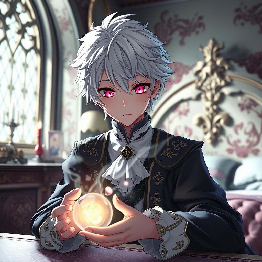 Anime Prince Practices Magic in Gothic Bedroom