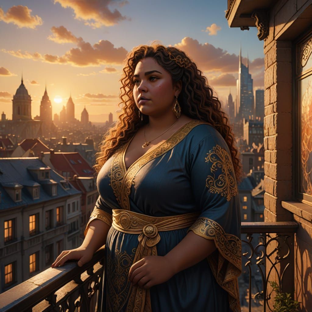 Plus-Sized Woman Overlooks City in Matte Painting