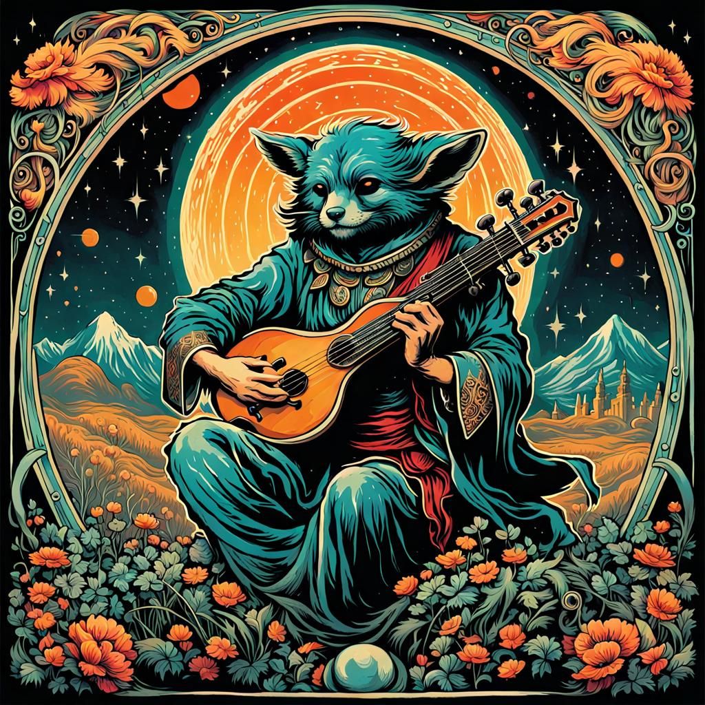 Psychedelic Alien Musician Album Art in Art Nouveau Style