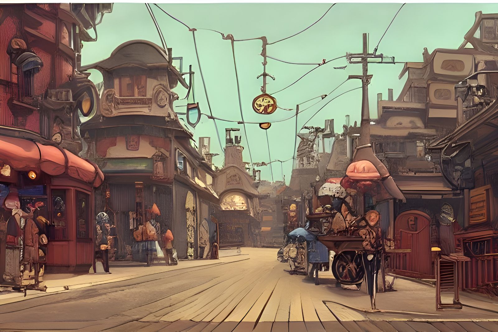 Steampunk City Street Scene in Ghibli-Moebius Style