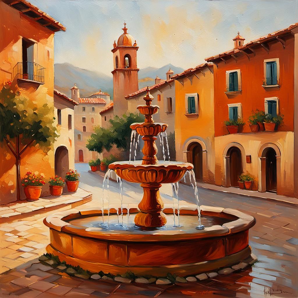 Spanish Fountain: Impressionist Oil Painting in Golden Light
