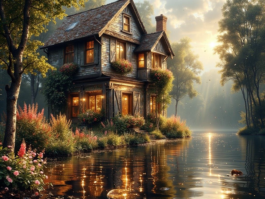 Cozy House in Flower Garden: Impressionist Painting