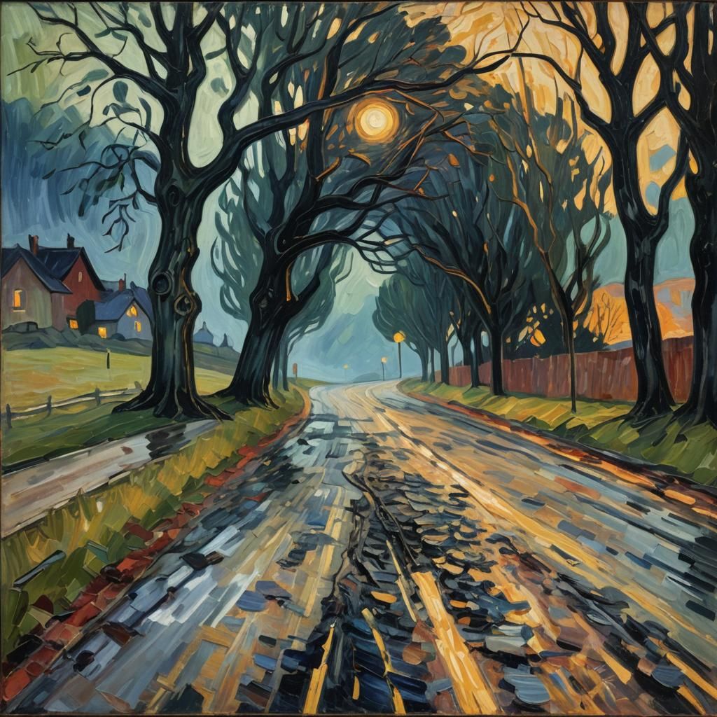 Eerie Country Road in Neo-Impressionistic Style
