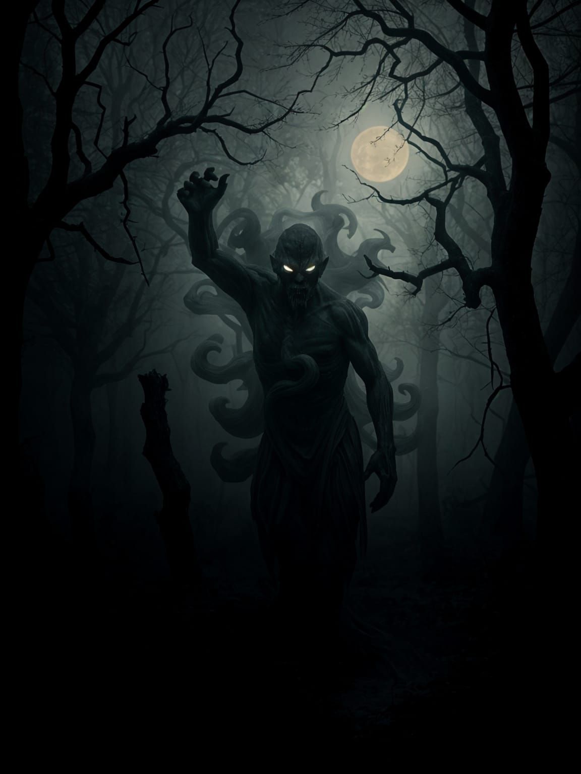 Ghostly Smoke Figure in Foggy Gothic Forest