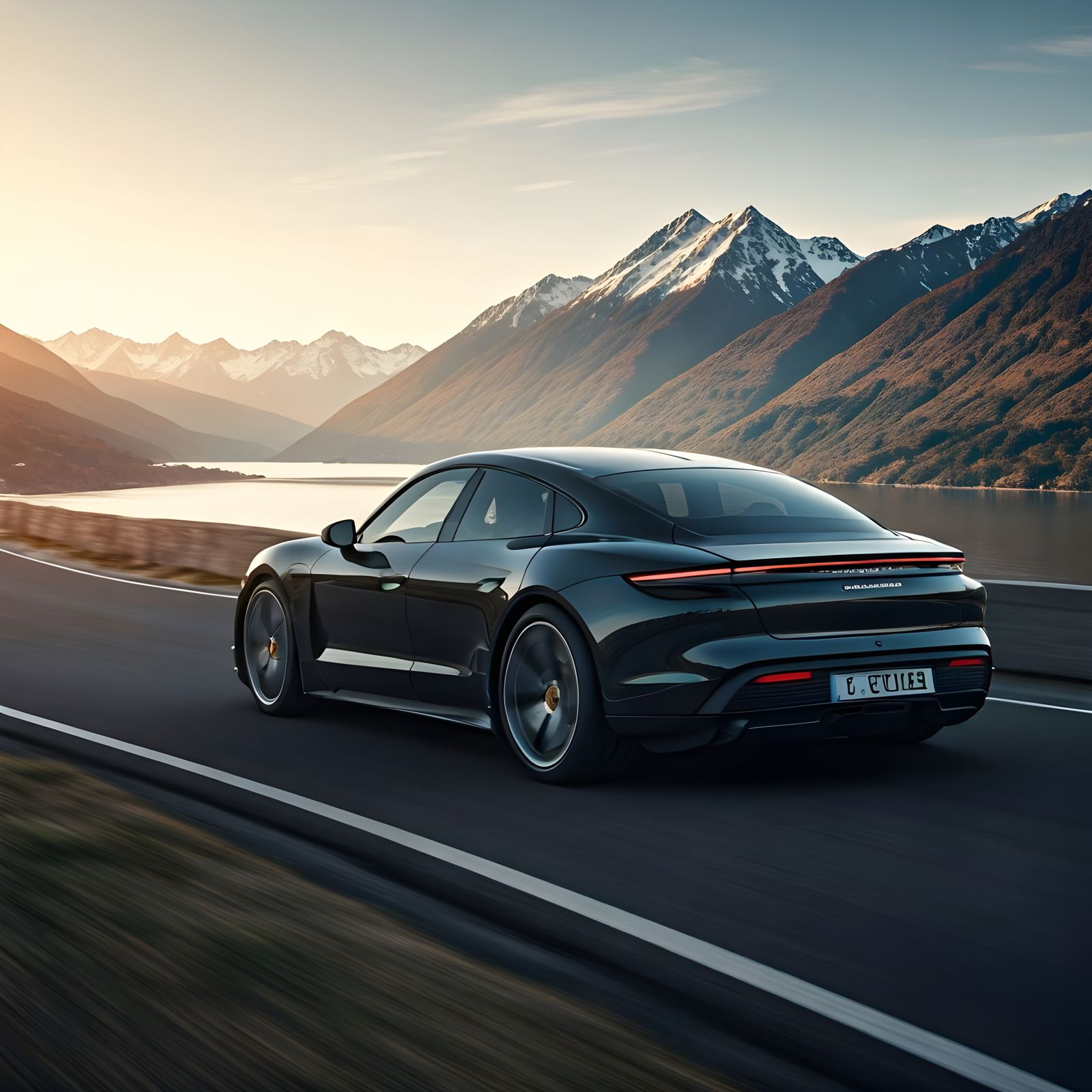 Black Porsche Taycan on Winding Road at Golden Hour