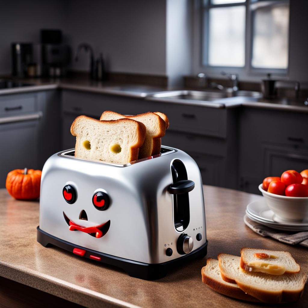 Spooky Toaster with Red Eyes in Kitchen