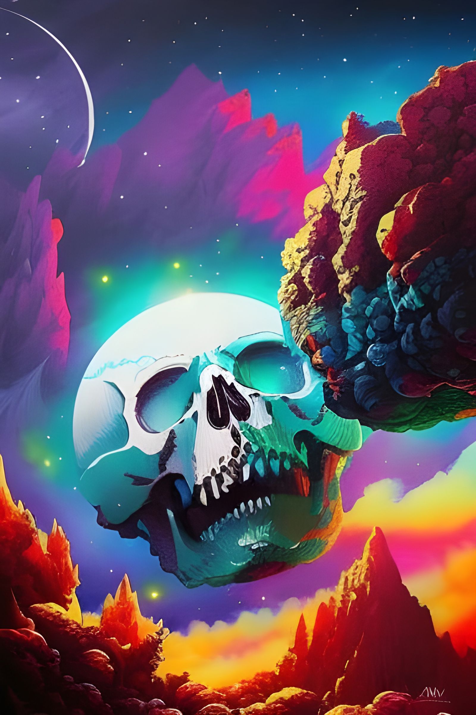 Skull Asteroid Impact in Detailed Ink Painting