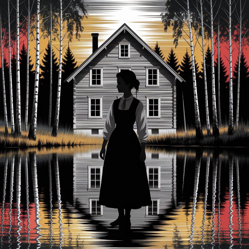 Lithuanian House by Lake with Woman in Folk Attire