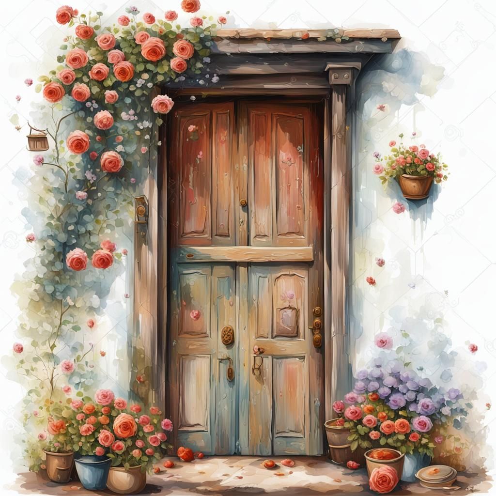 Fantasy Wooden Door with Flowers in Nanospace Style