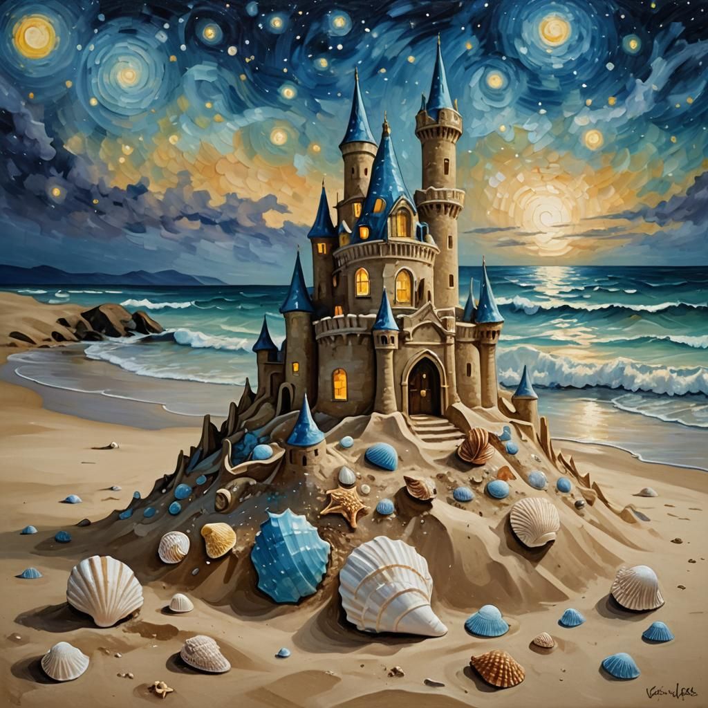 Art nouveau, sandcastle on a beach with seashells under the ...