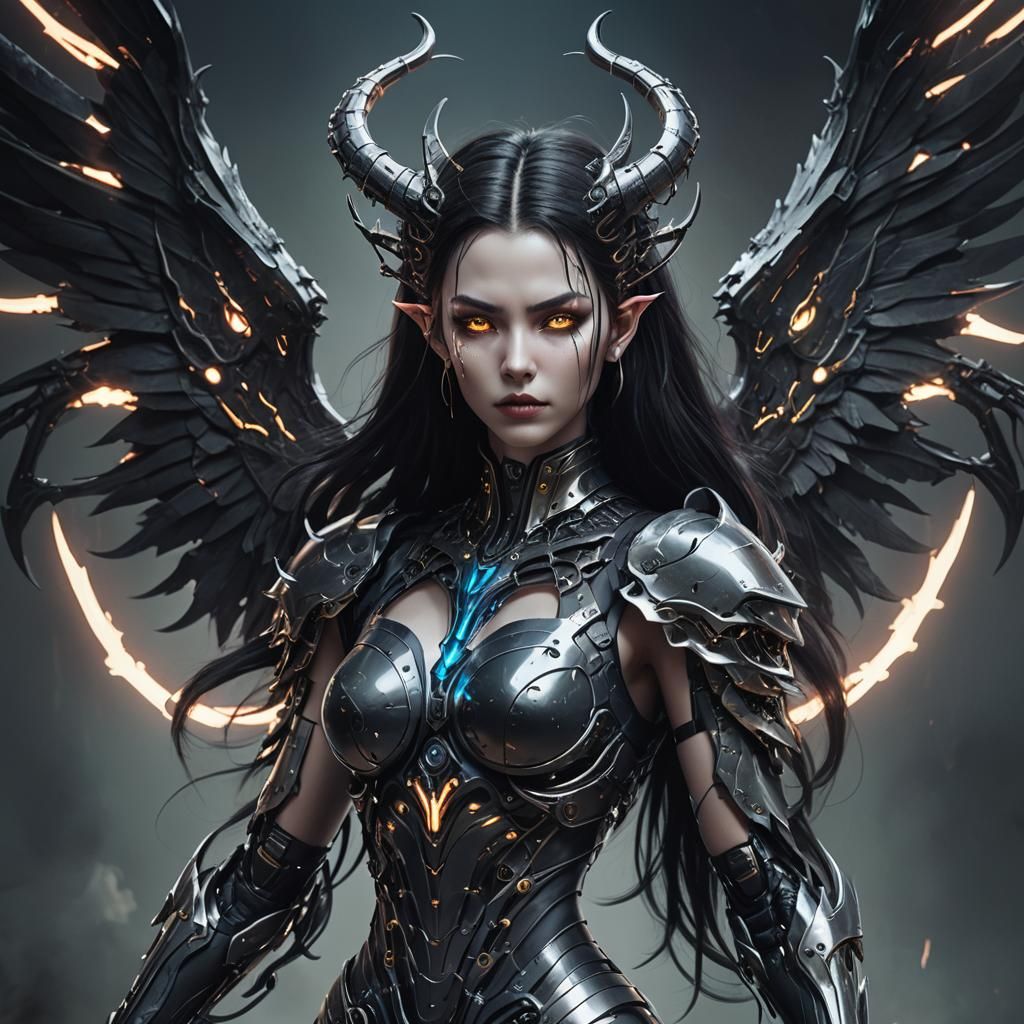 Cyberpunk Demon Woman Overlooking Futuristic City