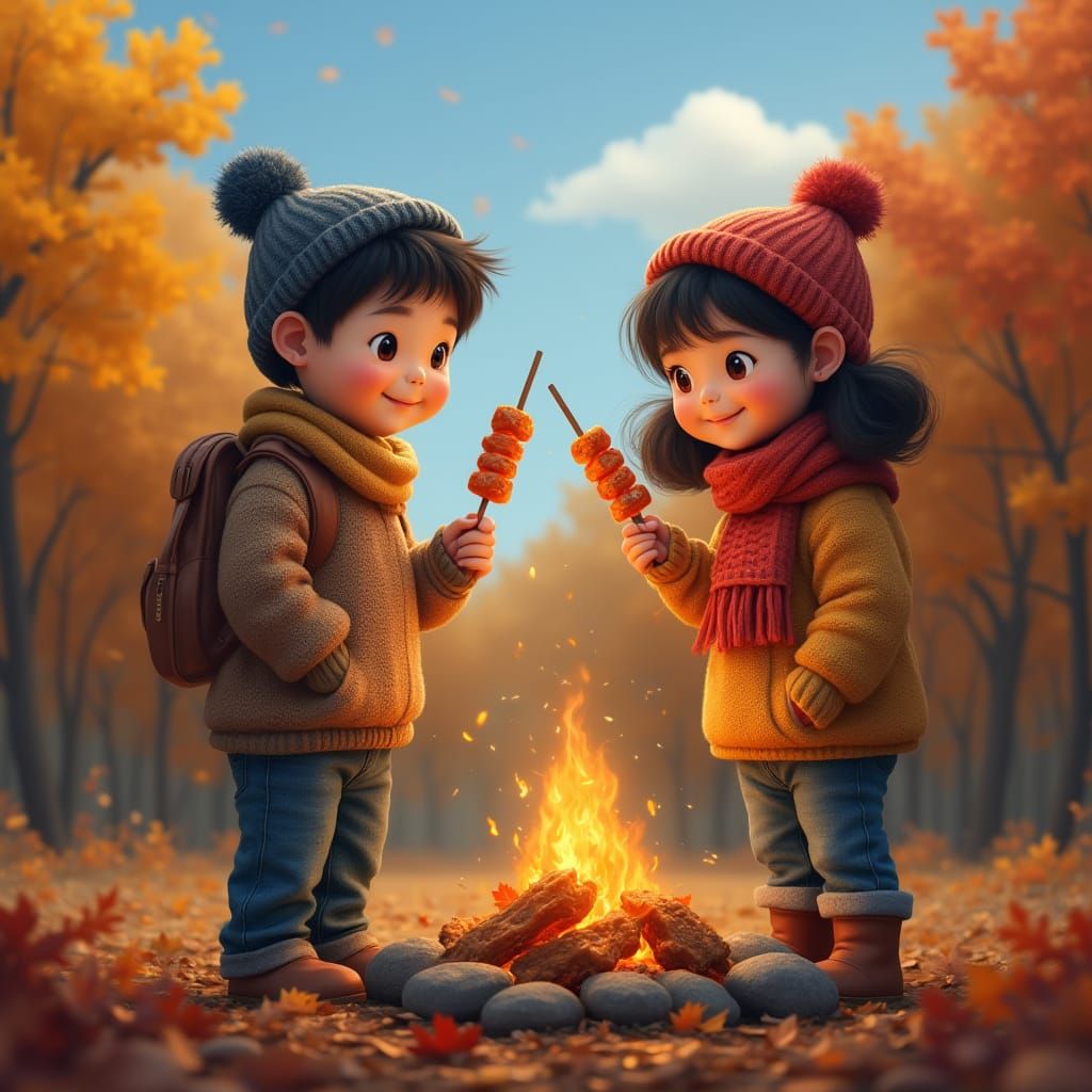 Asian Kids Gather Around a Cozy Autumn Campfire