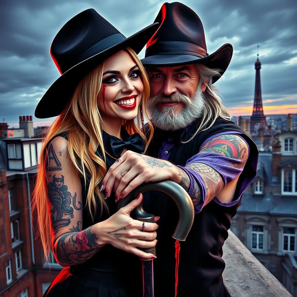 Goth Woman and Cowboy Embrace in Street Art Style