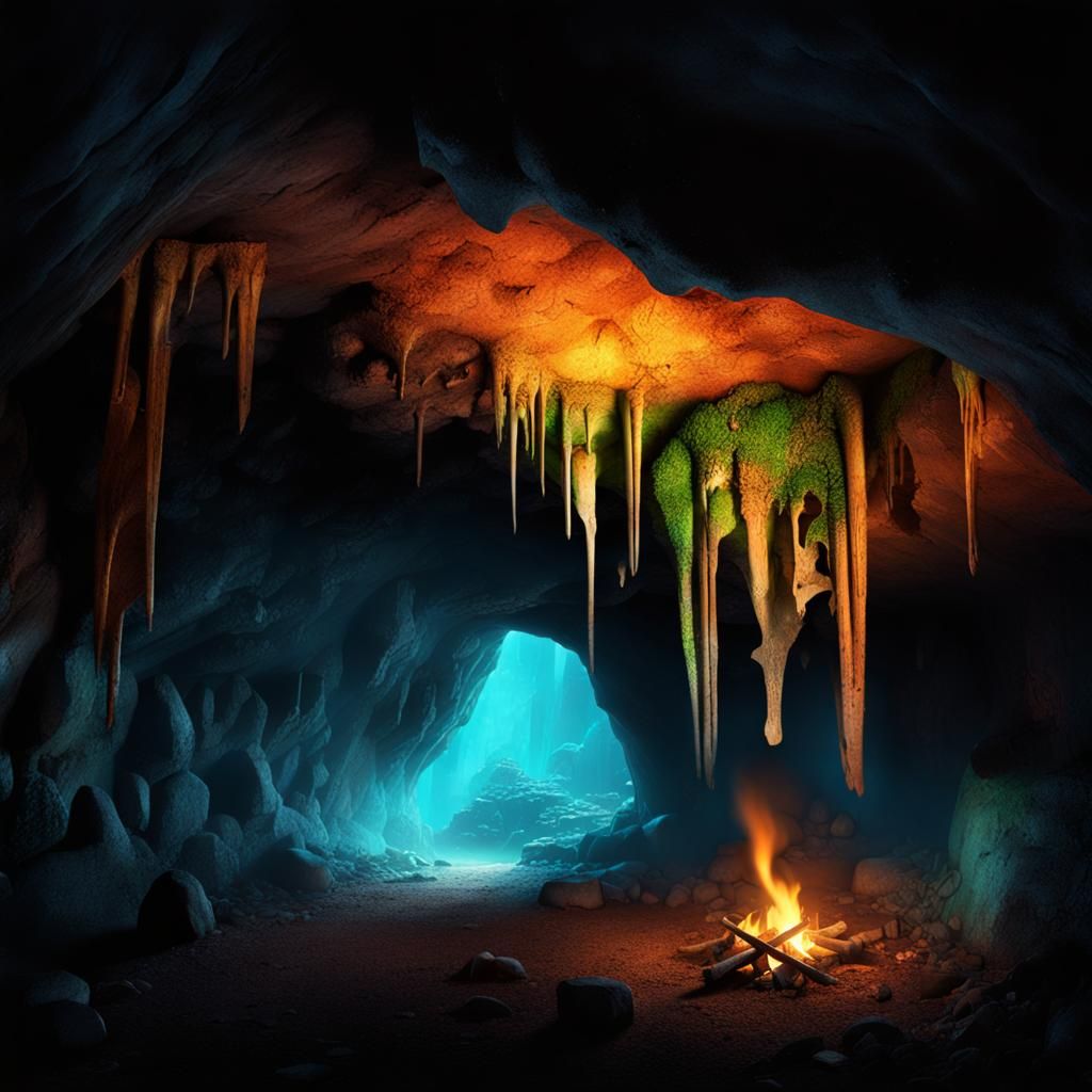 Mystical Ancient Cave with Carvings and Eerie Glow