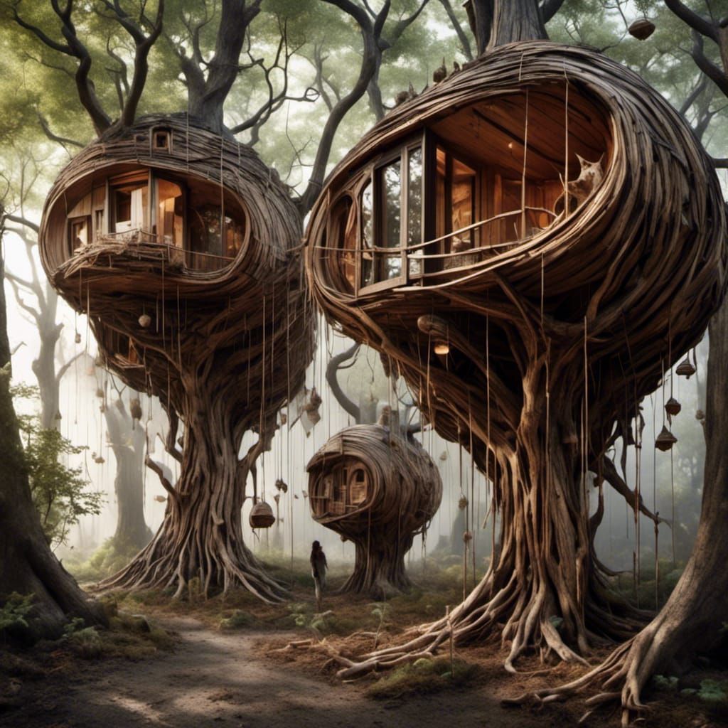 <lora:NC Hyperreal:1.0> cocoon-houses hanging in trees, <lor...