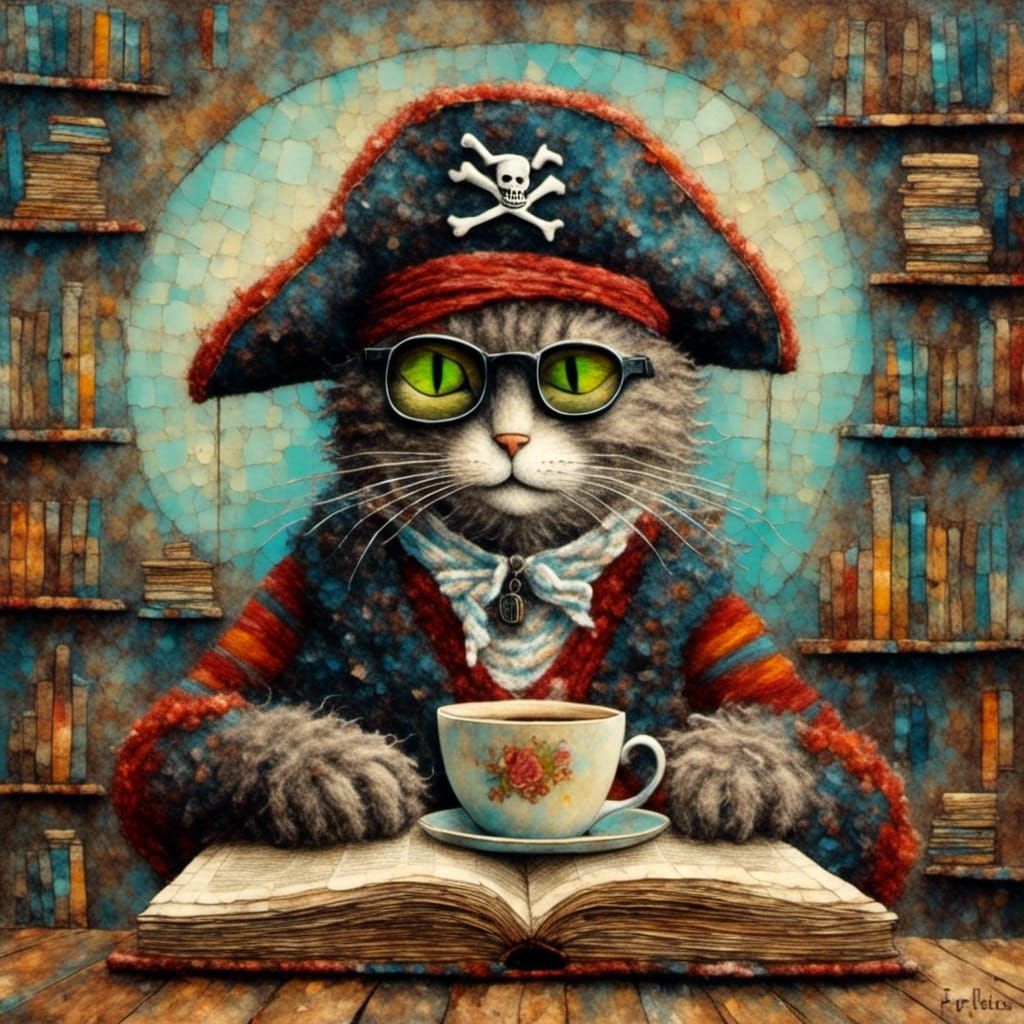 Pirate Cat in Bookshop as Encaustic Art