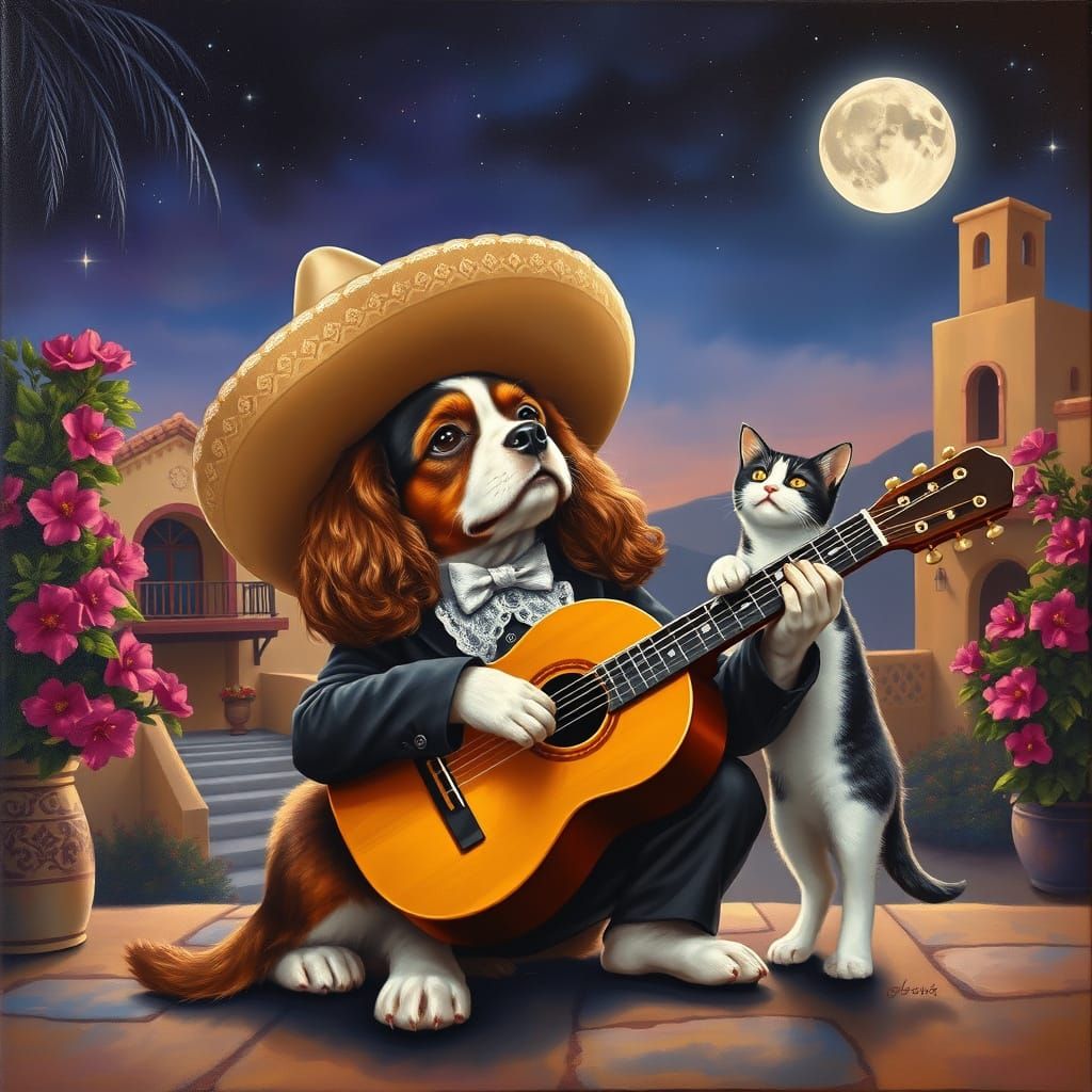 Mariachi Dog Serenade Under Starry Sky, Painterly Style