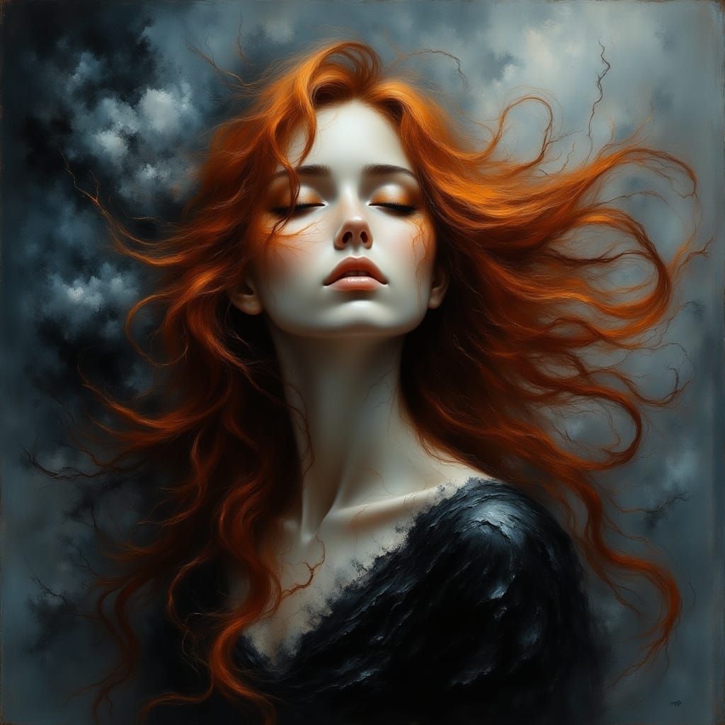 Fiery Haired Woman in Dramatic Shadows