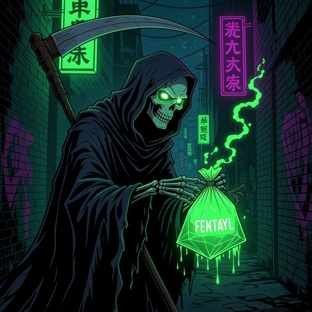 Grim Reaper with Fentanyl Crystal Bag in Neo-Noir Alley