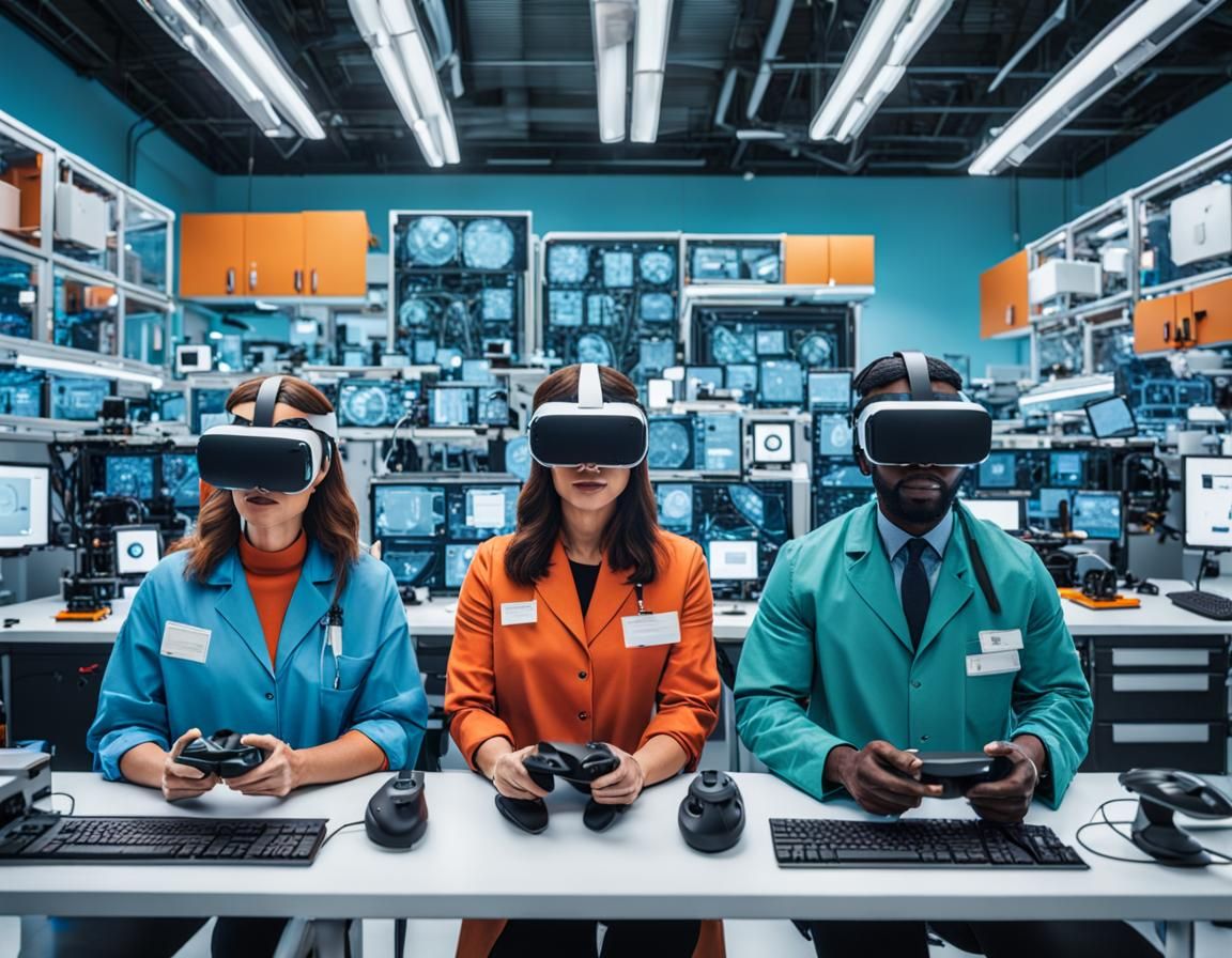 People Using VR Headsets in Colorful Lab