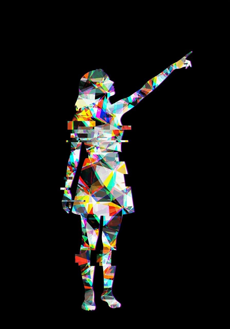 Glitch Art Silhouette of Woman Pointing Upwards