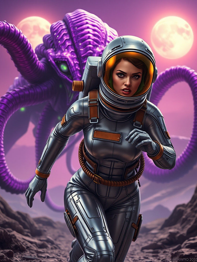 Retro Sci-Fi Poster: Astronaut Running from Alien Monster