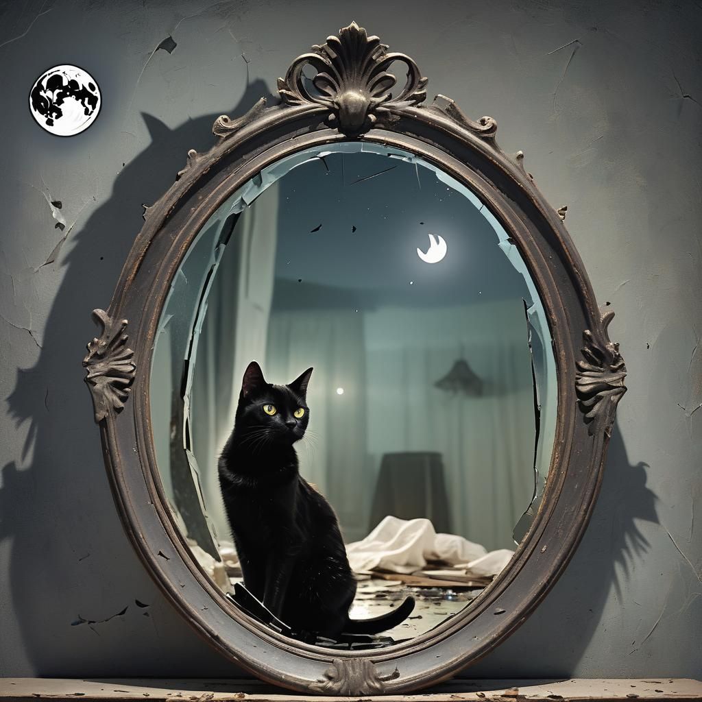 Black Cat Reflection Under Full Moon