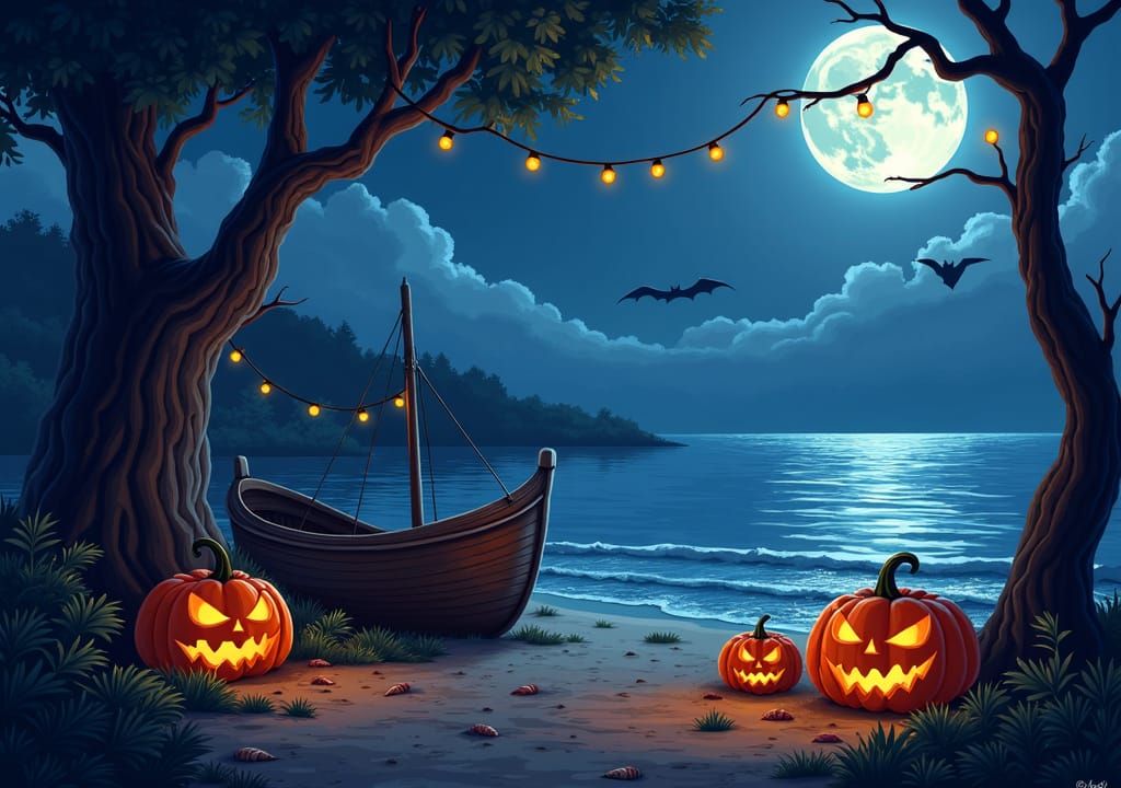 Enchanting Halloween Seaside Celebration at Night