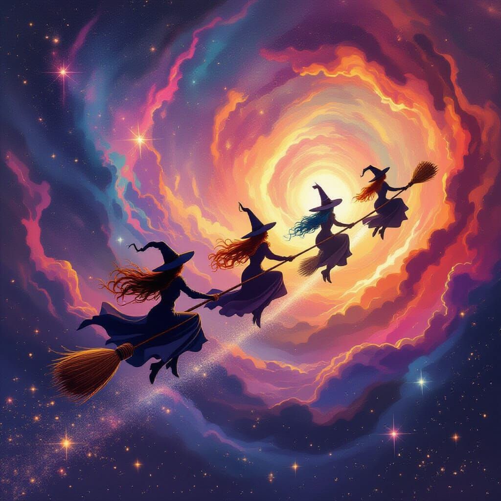Witches Fly Broomsticks Through Psychedelic Nebula