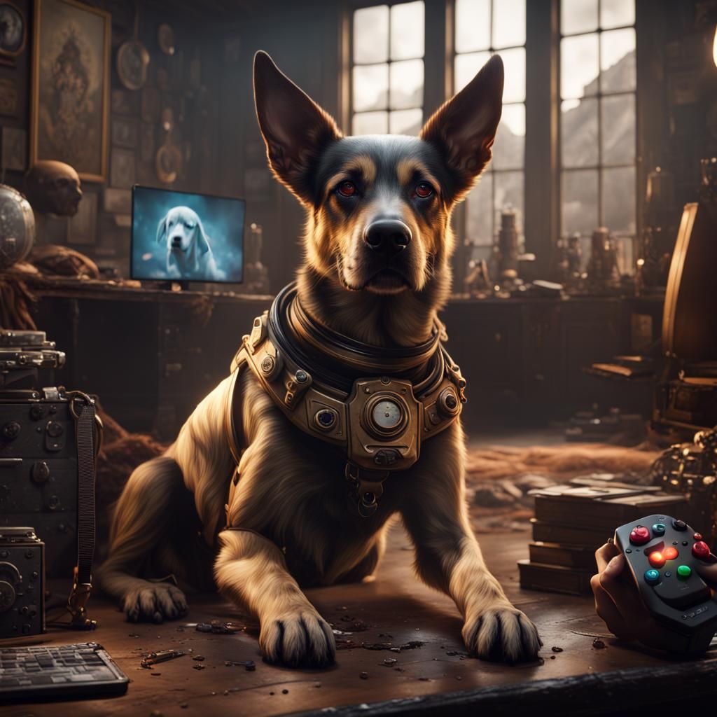 Realistic Dog Gamer in Detailed Digital Painting