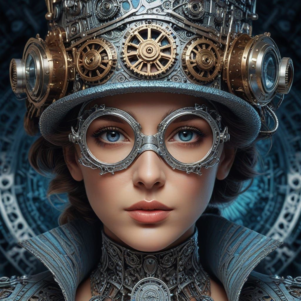 Steampunk Woman in Neo-Futurism Dot Art Style