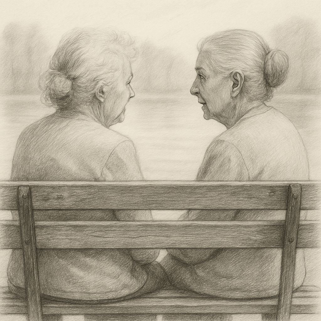 Two Elderly Women Chatting on a Park Bench in Pencil Sketch