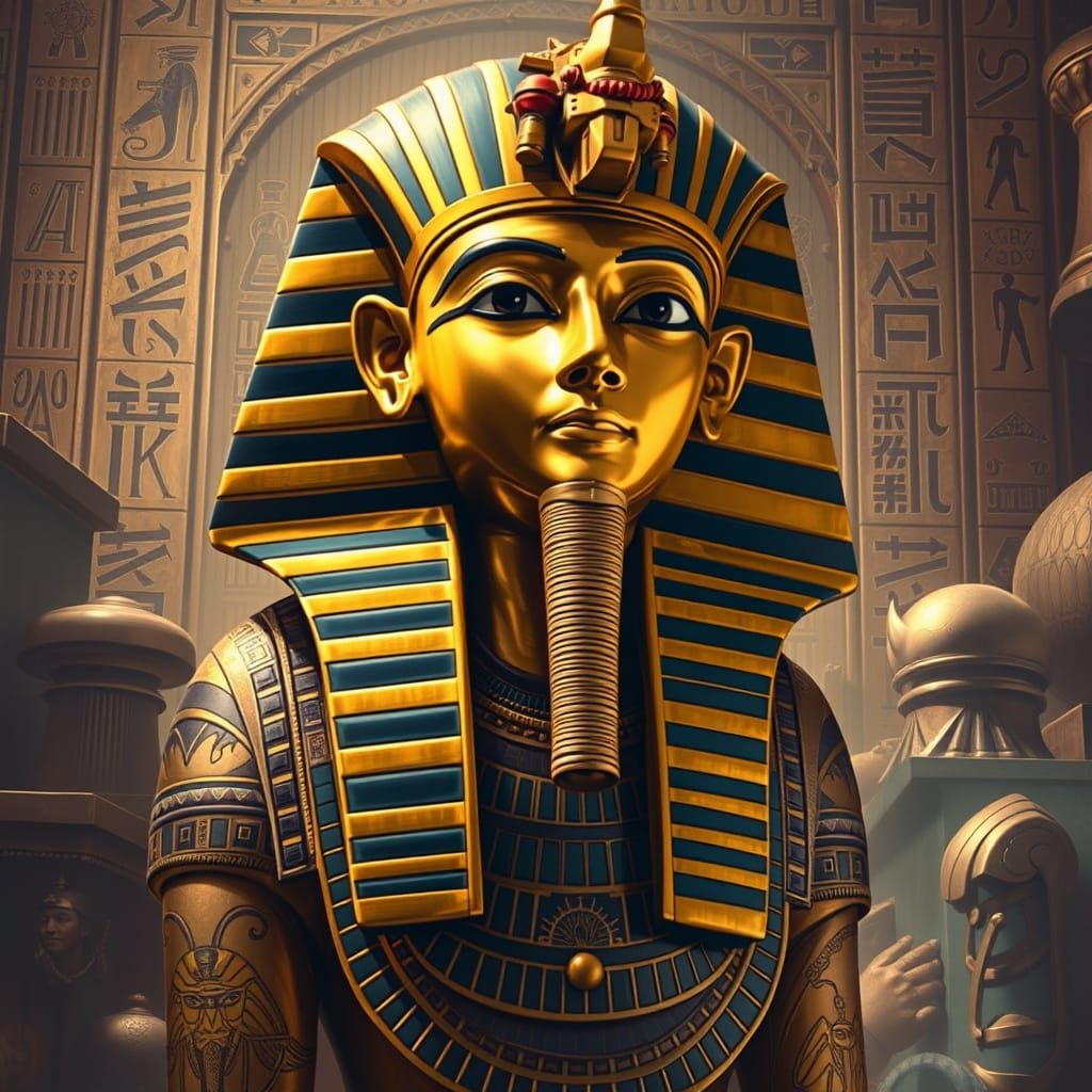 Tutankhamun Amidst Treasures: Mystical Realism