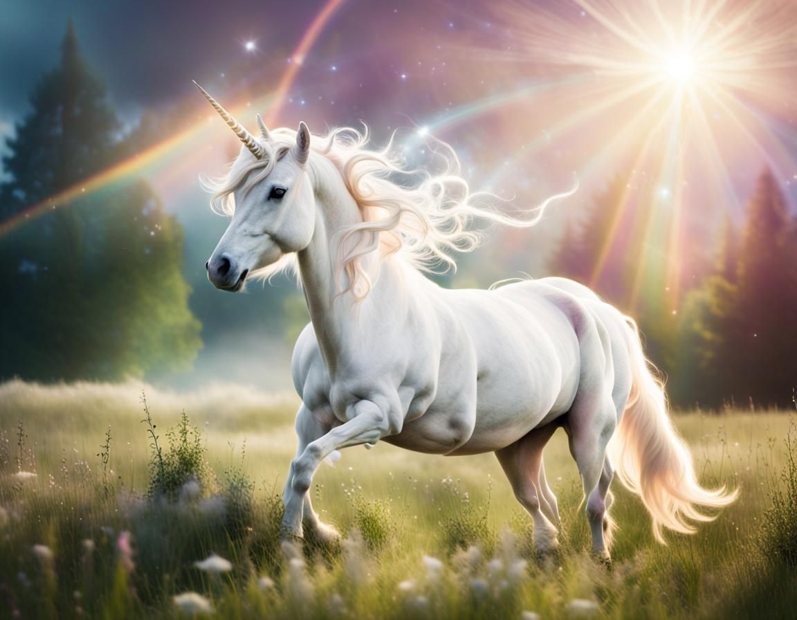 A white unicorn with a mystic spiral cloud around it in a me...